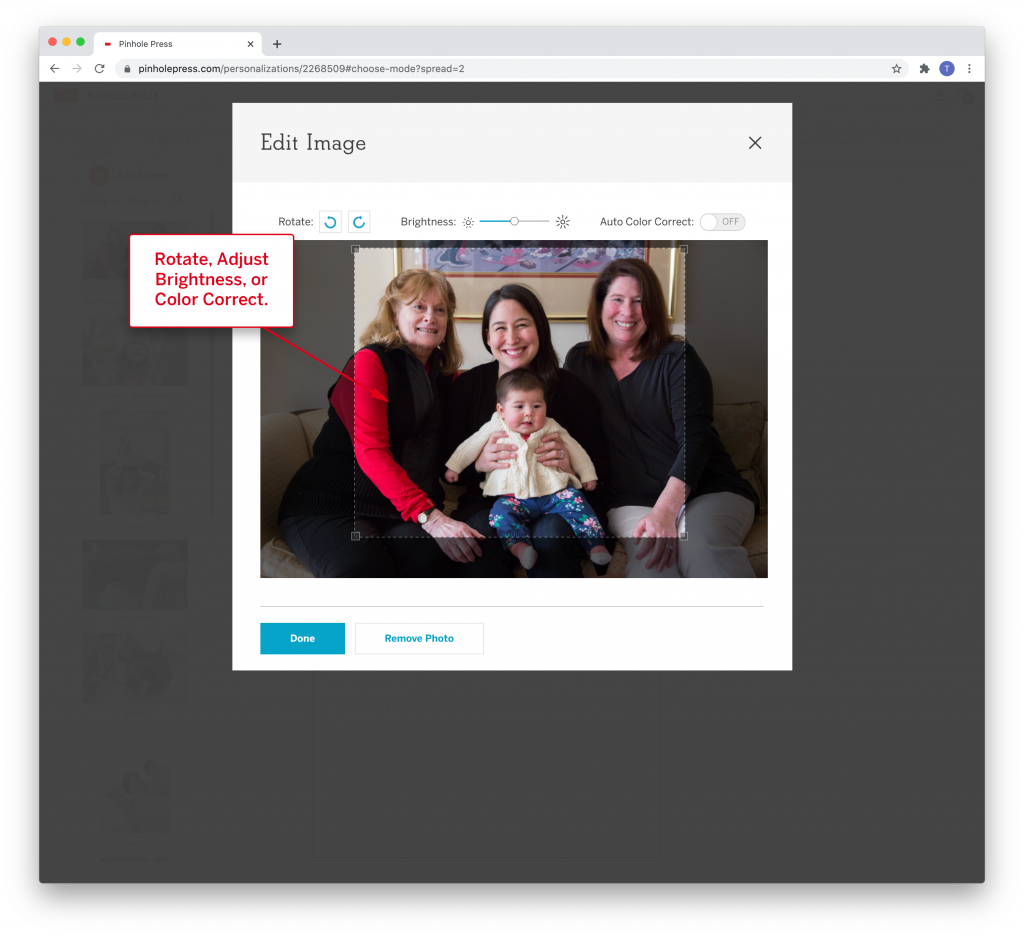 Photo editor window featuring photo of three women and a baby